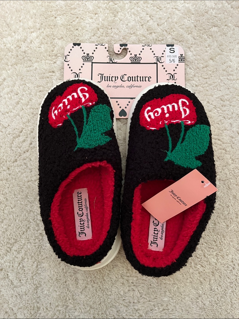 Juicy Couture Black Slippers with Red Cherry Embroidery